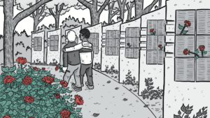 Artwork of Toronto's AIDS Memorial. Two people walking by the memorial that has roses mounted at various plaques filled with names..