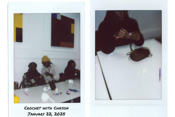 Two polaroids of Chason's crochet workshop.