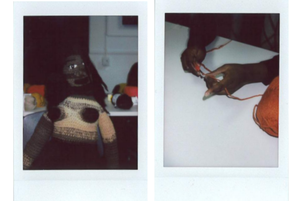 Two polaroids of chason's workshop.